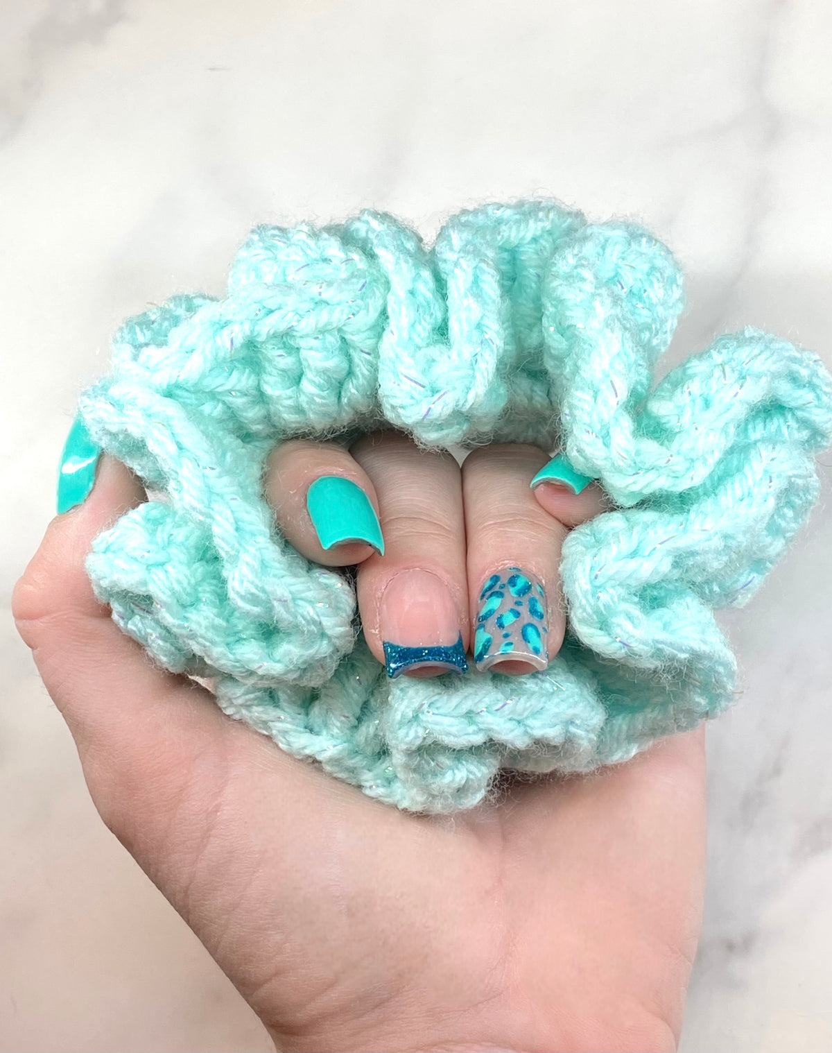 Teal Sparkle Crochet Scrunchie