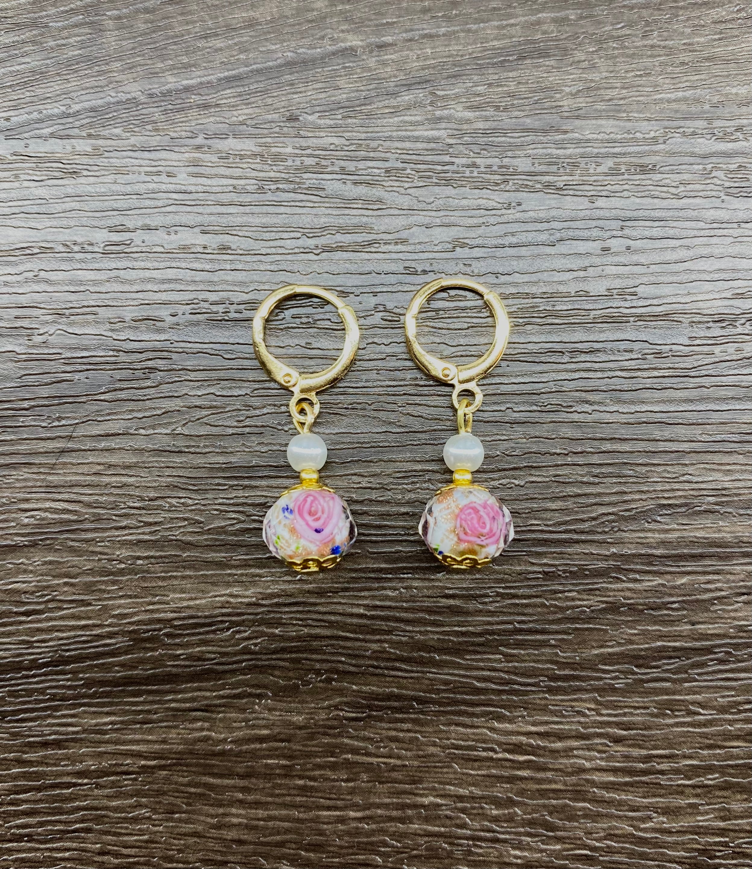Rose/Pearl Bead Hoop Earrings