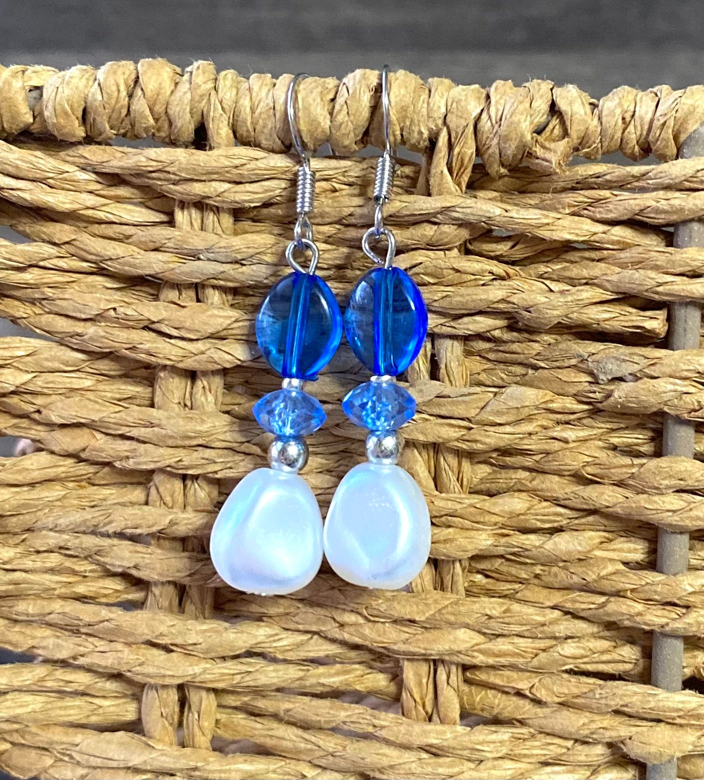 Blue Beaded White Pearl Earrings